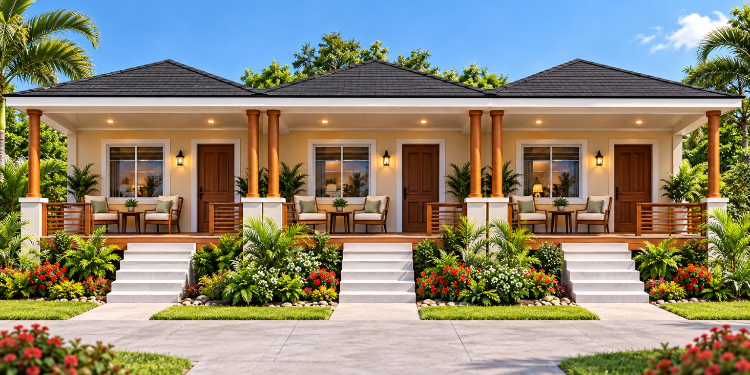Project rendering of three proposed townhouse-style guest bungalows