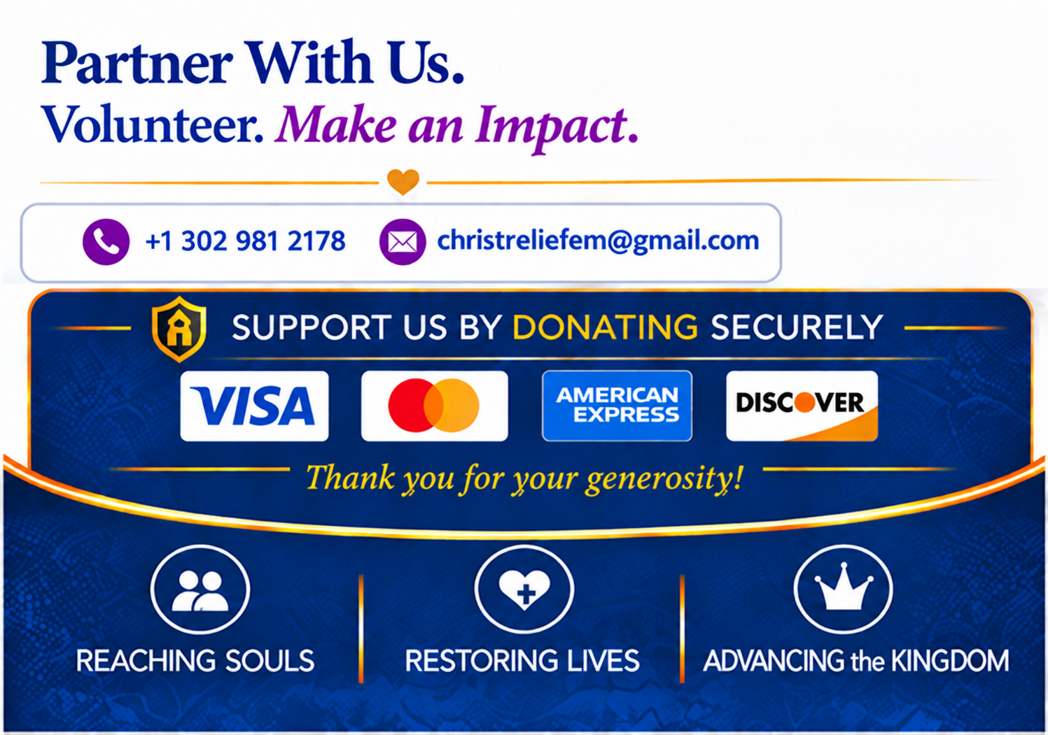 Partner with CREM: volunteer, make an impact, and support the mission securely. Contact CREM at +1 302 981 2178 or christreliefem@gmail.com.